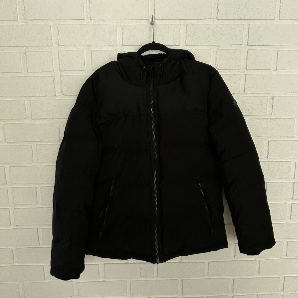 DKNY Winter Puffer Coat Hooded Womens Small Black Full Zip Pockets Logo Patch